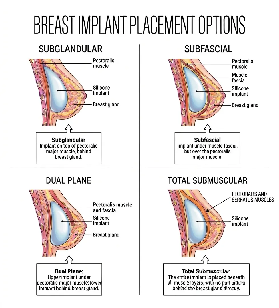 Diagram of breast implant placement (pocket) options — subglandular (on top of the pectoralis muscle, behind the breast gland), subfascial (under the muscle fascia but over the muscle), dual plane (upper implant under the pectoralis muscle, lower behind the gland), and total submuscular (entirely beneath the muscle) — cross-sections labeling the pectoralis muscle, muscle fascia, silicone implant, and breast gland.
