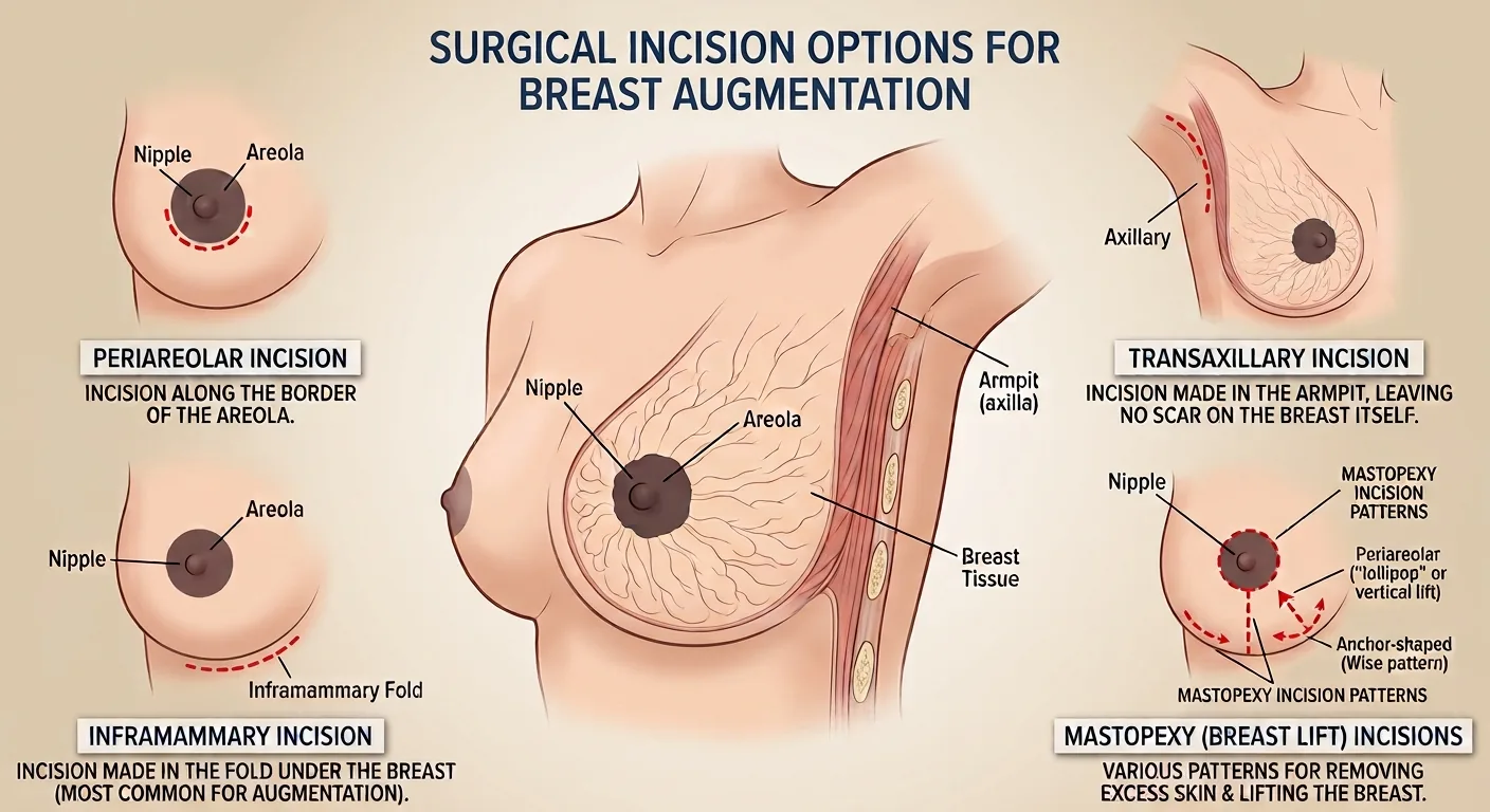 Diagram of breast augmentation incision options — periareolar (along the areola border), inframammary (in the fold under the breast, most common), and transaxillary (in the armpit, no scar on the breast) — with anatomy labeled (nipple, areola, breast tissue, axilla) and mastopexy breast-lift incision patterns.